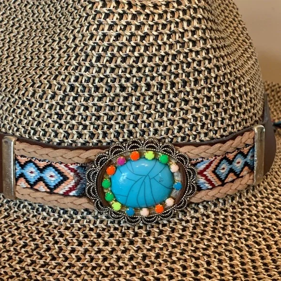 NWT COOL FASHION Brand Brown and tan adjustable hat w turquoise multi stone band - Picture 4 of 11